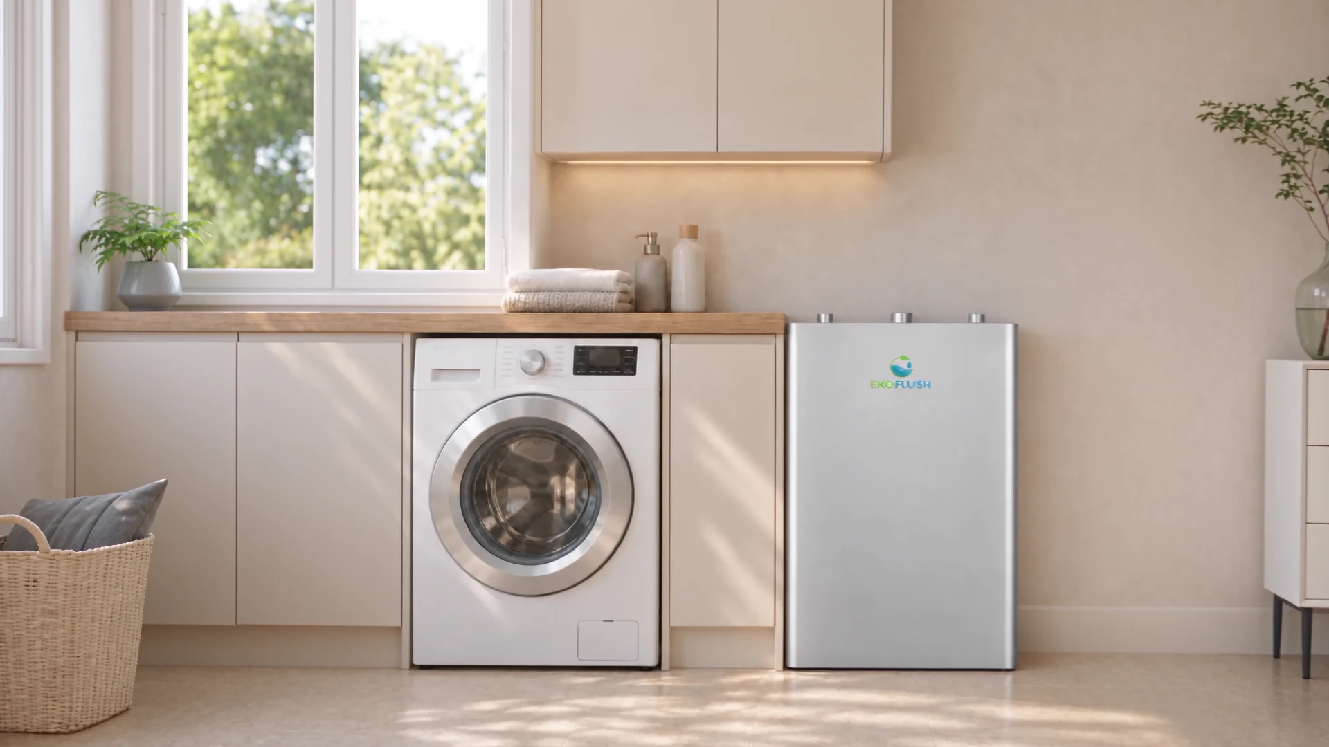 Le boîtier EkoFlush blanc installé à côté d’un lave-linge, dans une buanderie ouverte sur le jardin — illustration