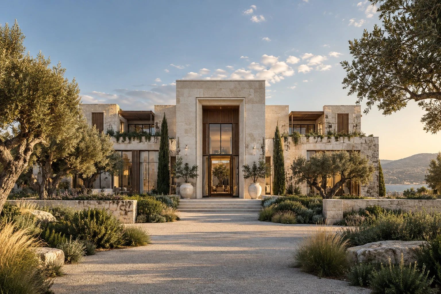 Hôtel contemporain et jardin méditerranéen — image d’ambiance illustrative