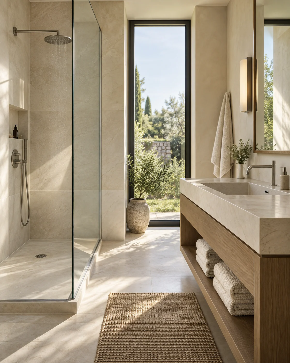 Douche et lavabo dans une salle de bain d’hôtel — illustration